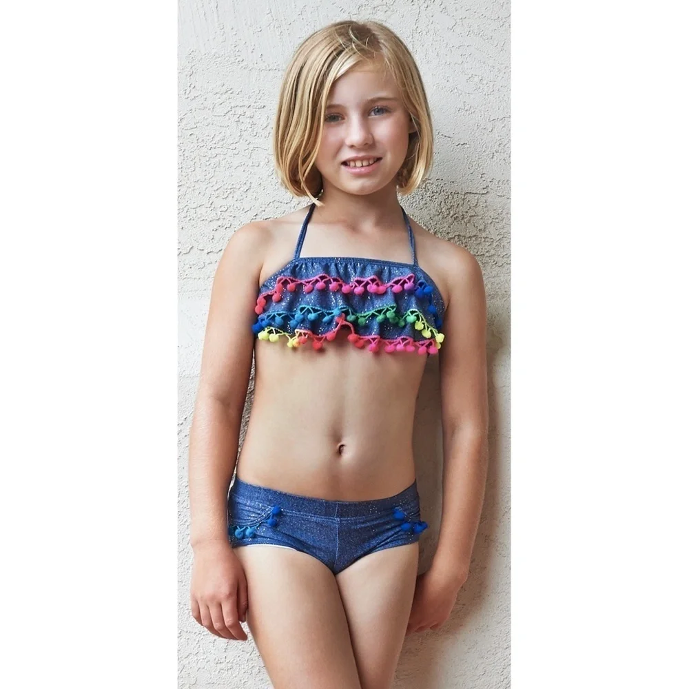 NWT Pilyq Girls Sparkle Denim Pom Pom Ruffle Bikini Sz. 10